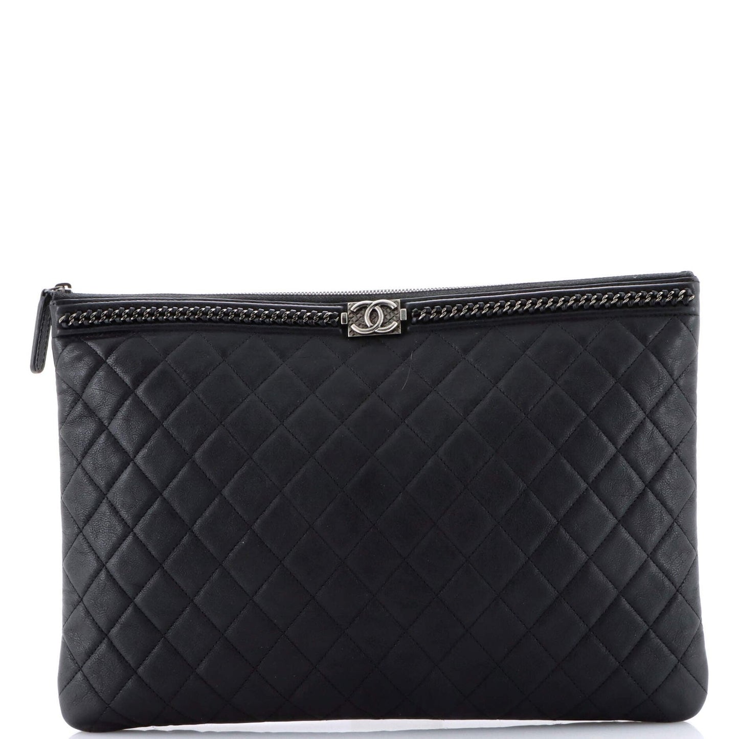 Chanel Boy O Case Clutch Quilted Lambskin With Chain Detail Large