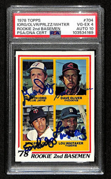 Lou Whitaker Signed On Card 1978 Topps Rookies Card #704 Psa/Dna Auto 10 198826