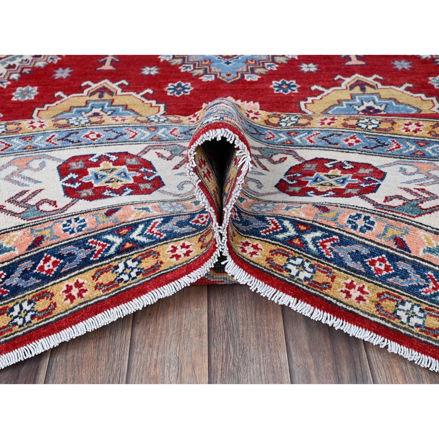8'X11'3" Chili Red Kazak With Geometric Pattern Hand Knotted Soft Wool Rug