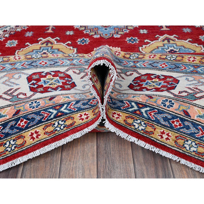 8'X11'3" Chili Red Kazak With Geometric Pattern Hand Knotted Soft Wool Rug