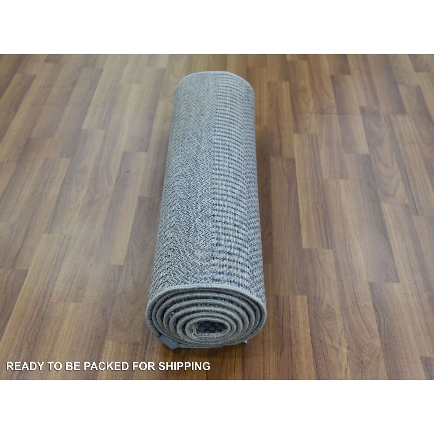 2'6"X9'10" Blue Hand Knotted Modern Grass Design Wool And Silk Runner Rug