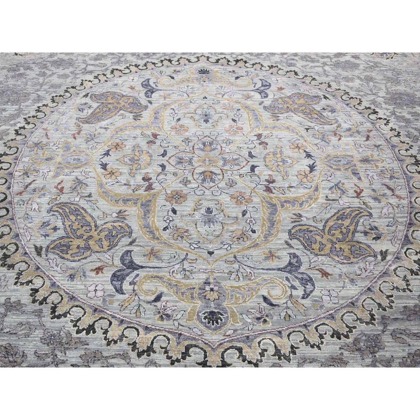 9'X12' Silver Gray The Maharaja Design Silk With Wool Hand Knotted Rug