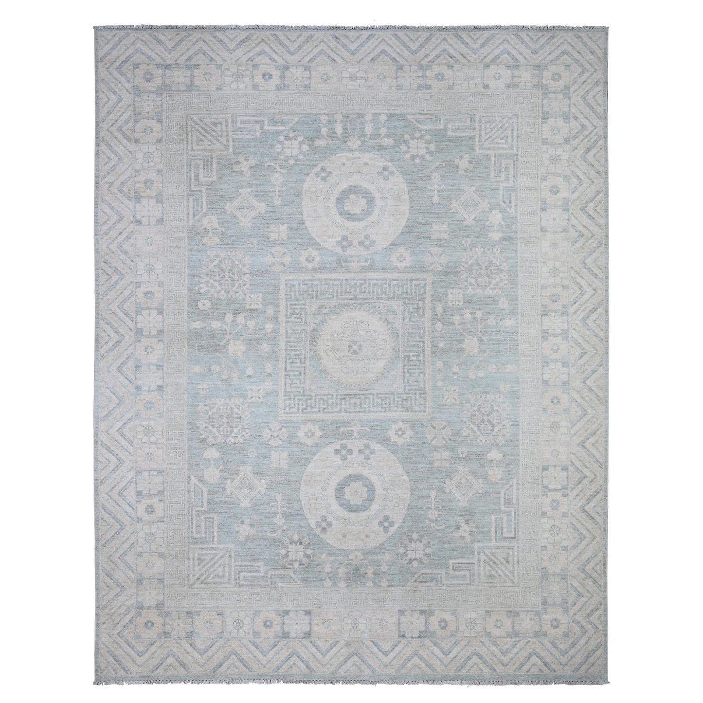 8'10"X11'3" Stone Blue Washed Out Peshawar Hand Knotted Pure Wool Rug