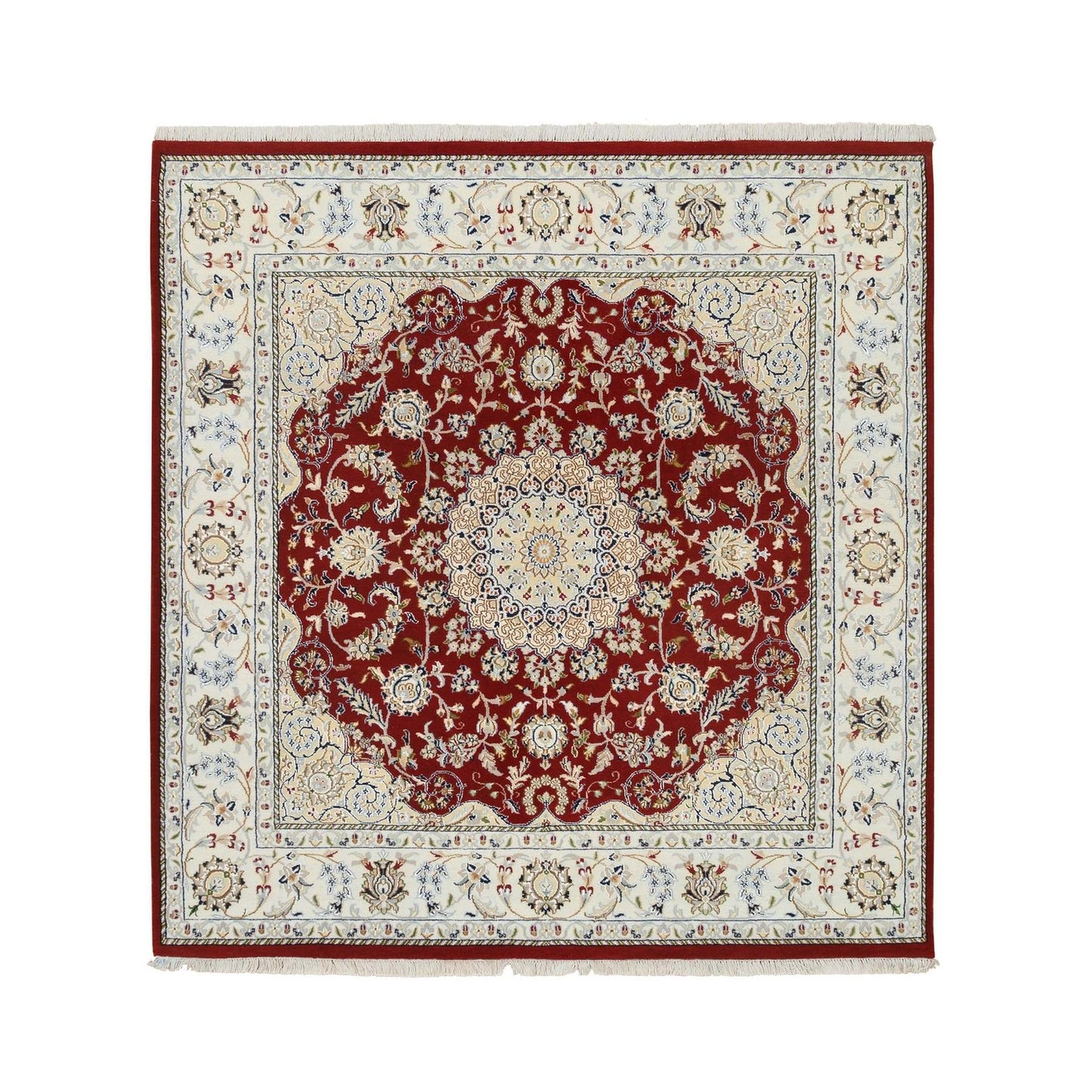 6'X6' Red Nain Flower Design 250 Kpsi Pure Wool Hand Knotted Square Rug