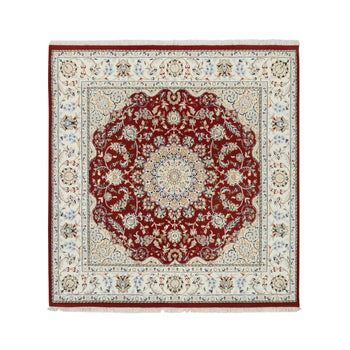 6'X6' Red Nain Flower Design 250 Kpsi Pure Wool Hand Knotted Square Rug