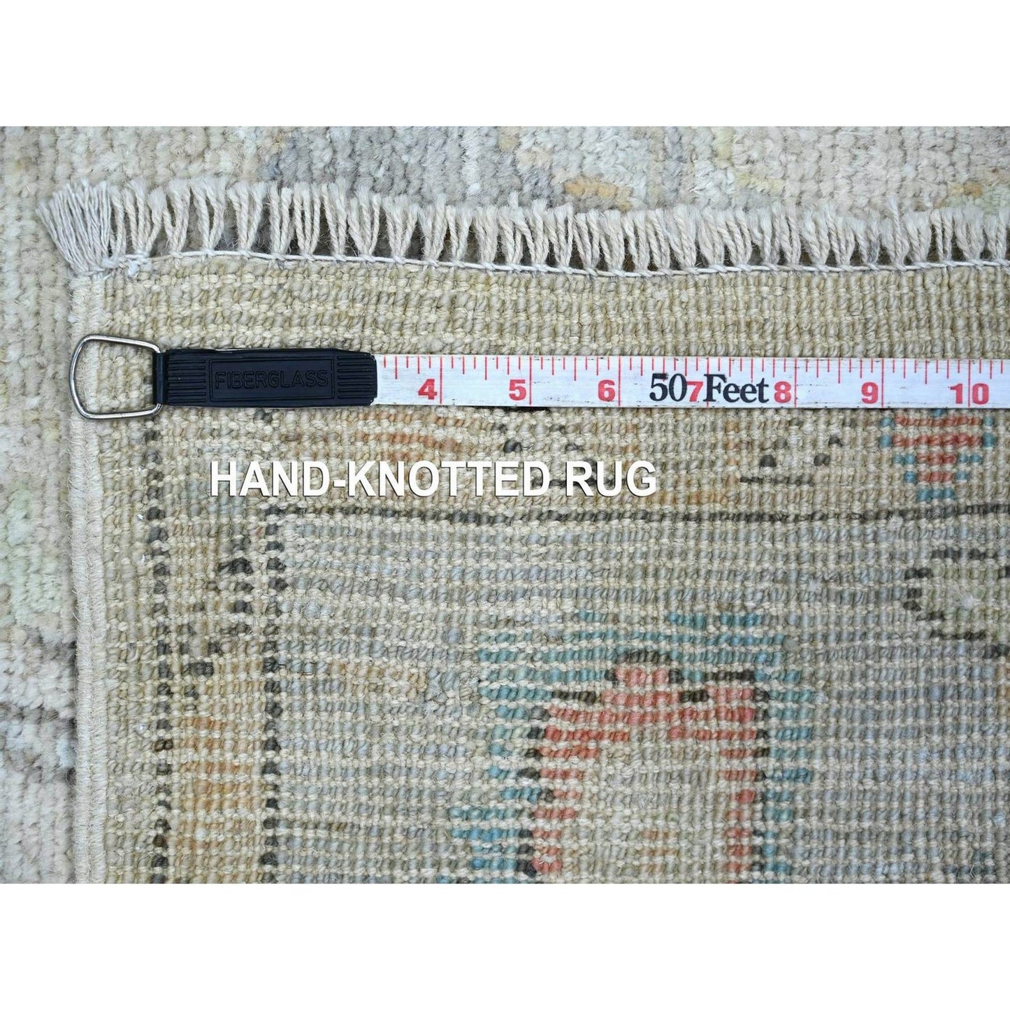 4'x9'7" Light Gray Angora Oushak Leaf Design Hand Knotted Wool Runner Rug