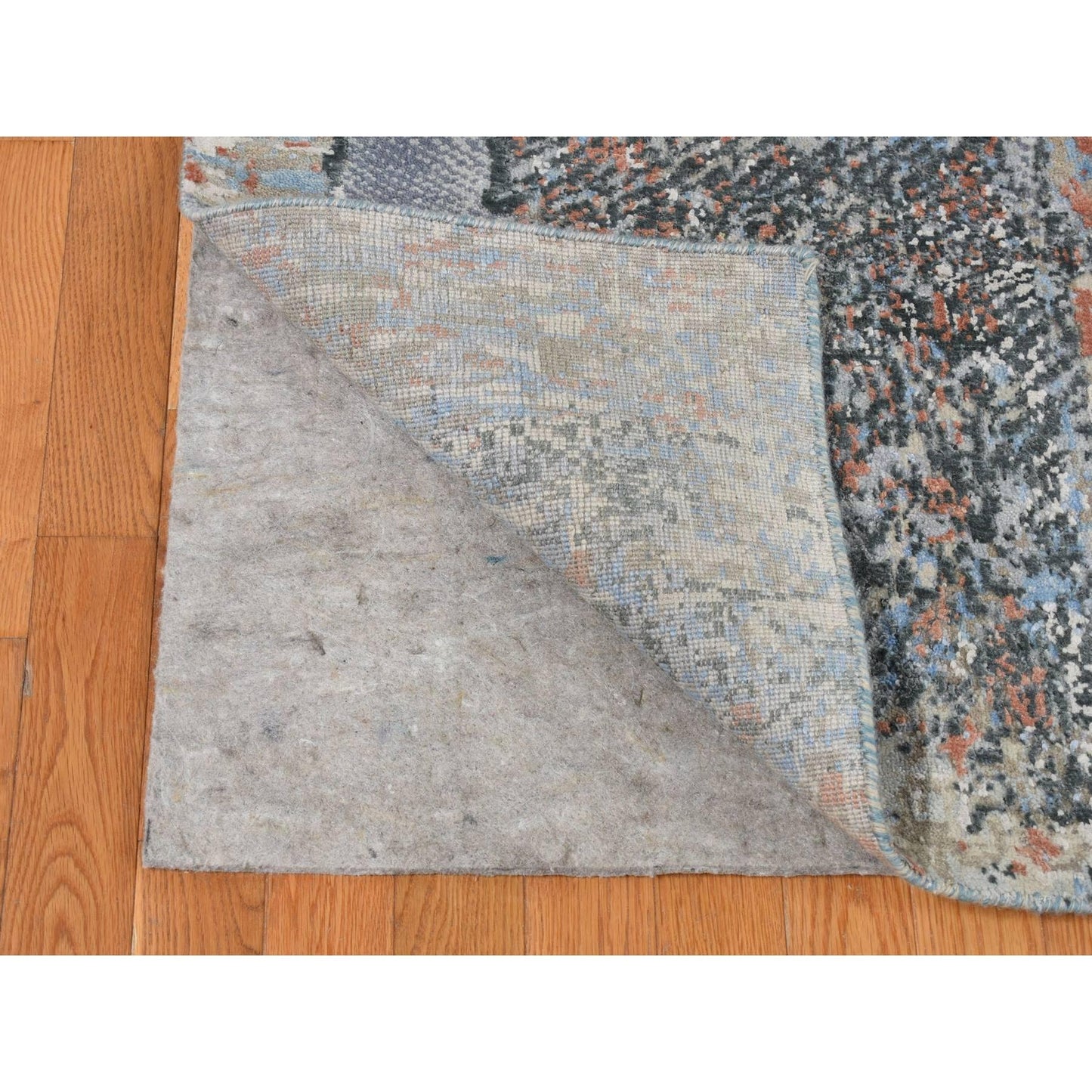 9'X12'2" Blue Modern Brick Design Hand Knotted Wool And Silk Rug