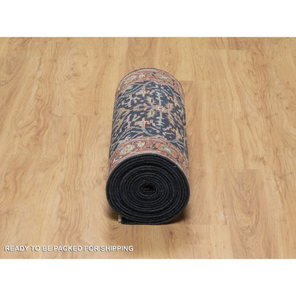 2'6"X22' Navy Antiqued Fine Heris Recreation Hand Knotted Wool Runner Rug