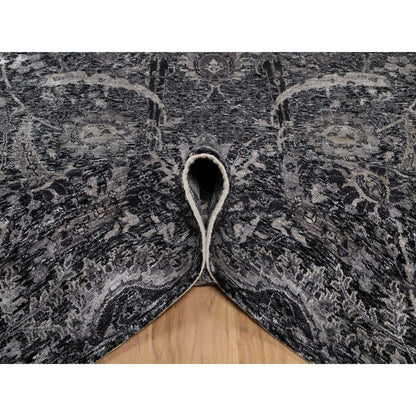 6'X8'10" Obsidian Black Wool And Silk Hand Knotted Sickle Leaf Design Rug