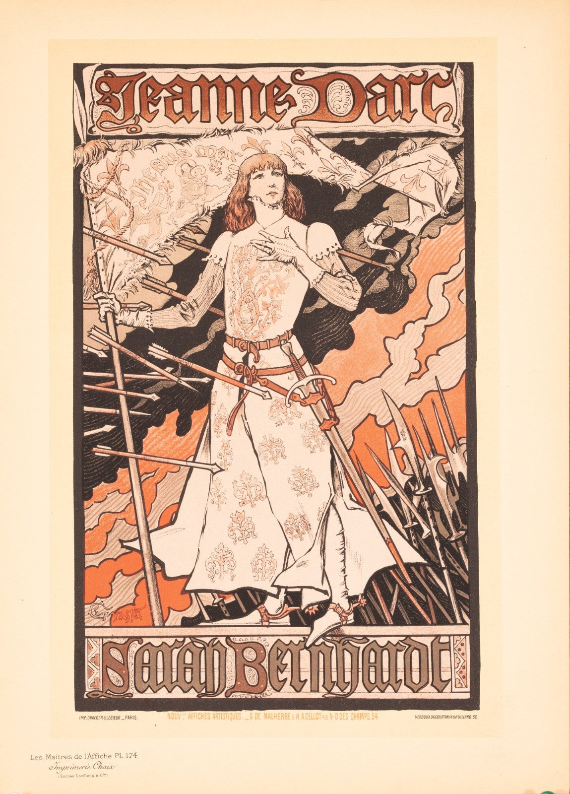 Sarah Bernhardt As Jeanne Darc By Eugene Grasset 1899 Stone Lithograph Maitres
