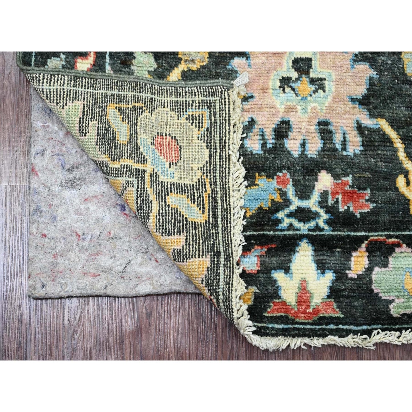 2'10"X9'8" Black Angora Oushak Leaf Design Hand Knotted Wool Runner Rug