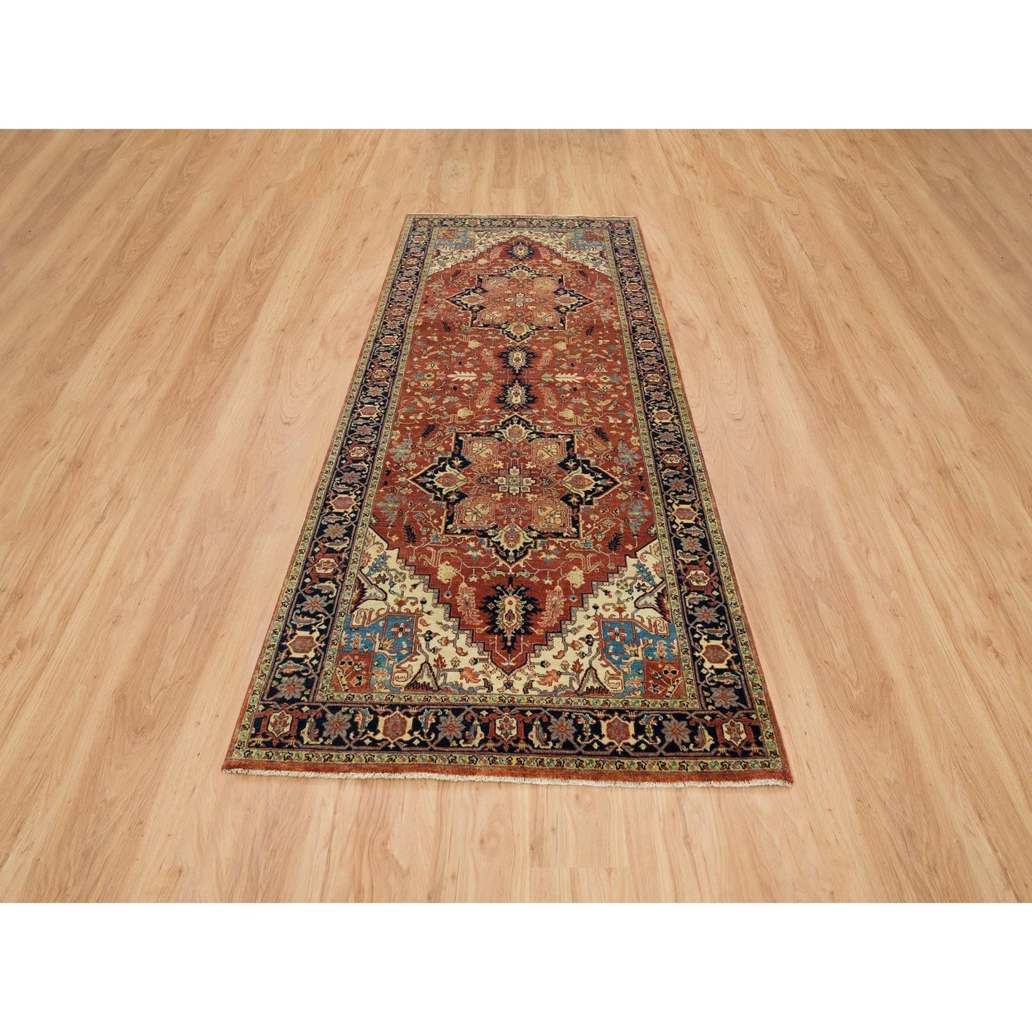 4'X10'1" Red Pure Wool Hand Knotted Heris Re-Creation Wide Runner Rug