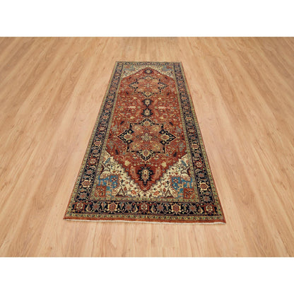 4'X10'1" Red Pure Wool Hand Knotted Heris Re-Creation Wide Runner Rug