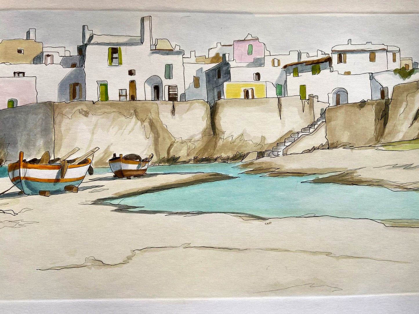Aldo Riso 'Boats On The Shore' Stunning Hand-Painted 35X100 Authenticated-Signed