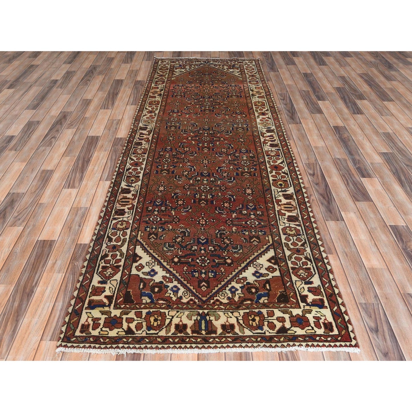 3'7"X9'10" Brown Vintage Farsian Worn Wool Hand Knotted Wide Runner Rug