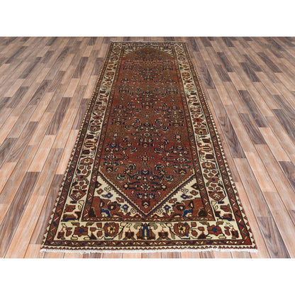 3'7"X9'10" Brown Vintage Farsian Worn Wool Hand Knotted Wide Runner Rug