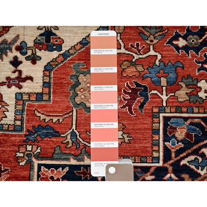 9'10"X14'3" Coral Red Seeripe Heris Design Hand Knotted Soft Wool Rug