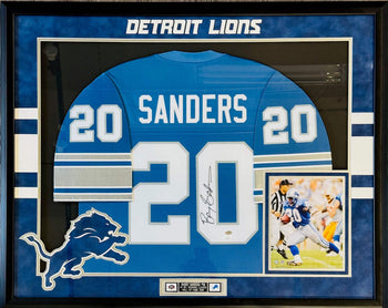 Barry Sanders Autographed Framed Lions Jersey (JSA)