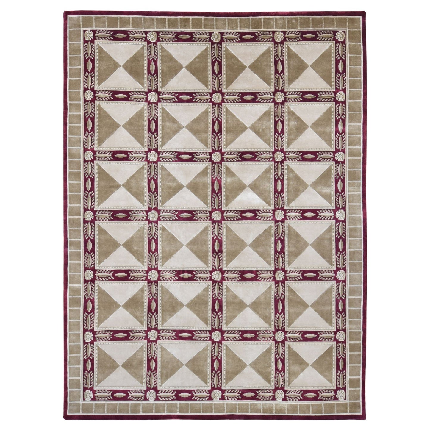 10'X13'9" Ivory Hand Knotted Modern Block Design Pure Wool Rug