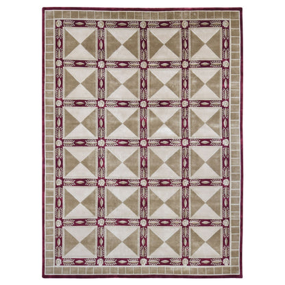 10'X13'9" Ivory Hand Knotted Modern Block Design Pure Wool Rug