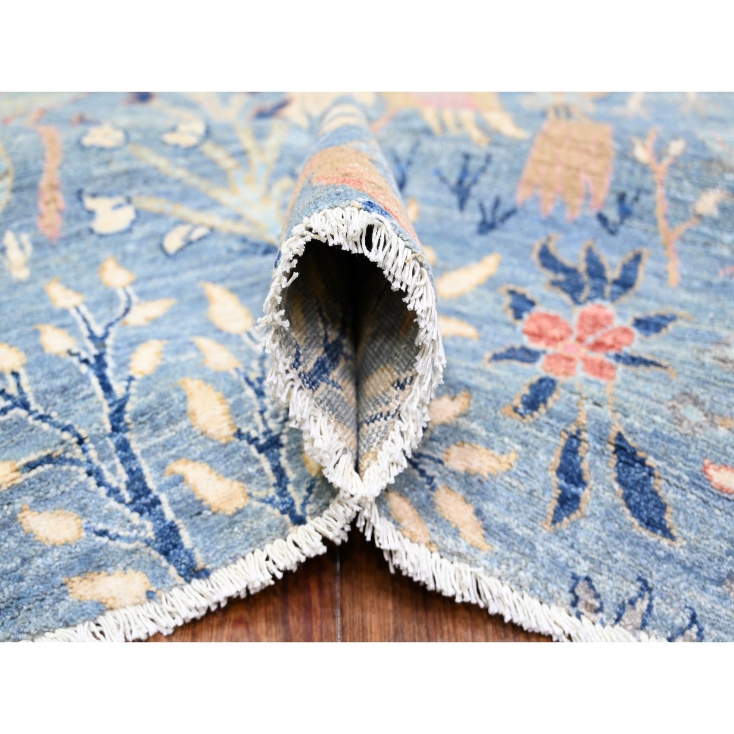 12'X12' Glaucous Blue Hand Knotted Afghan Peshawar Wool Round Rug