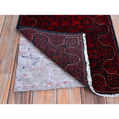 1'8"X4'9" Red Afghan Khamyab Geometric Pattern Hand Knotted Wool Runner Rug