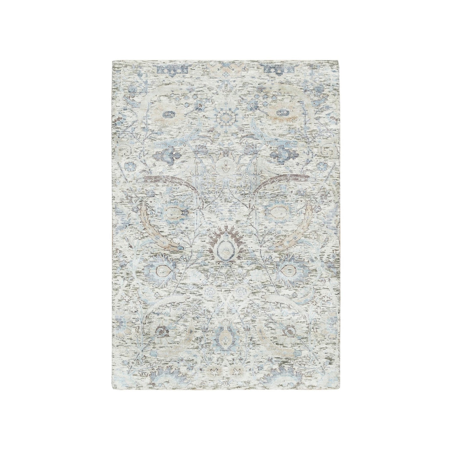3'3"x5' Ivory Sickle Leaf Design Silk & Wool Hand Knotted Oriental Rug