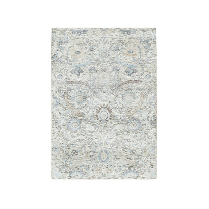 3'3"x5' Ivory Sickle Leaf Design Silk & Wool Hand Knotted Oriental Rug