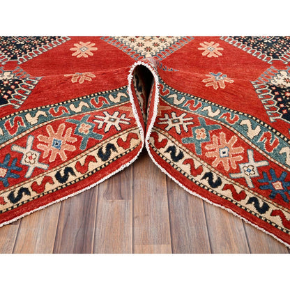 8'1"X9'9" Red Special Kazak All Over Medallions Wool Hand Knotted Rug