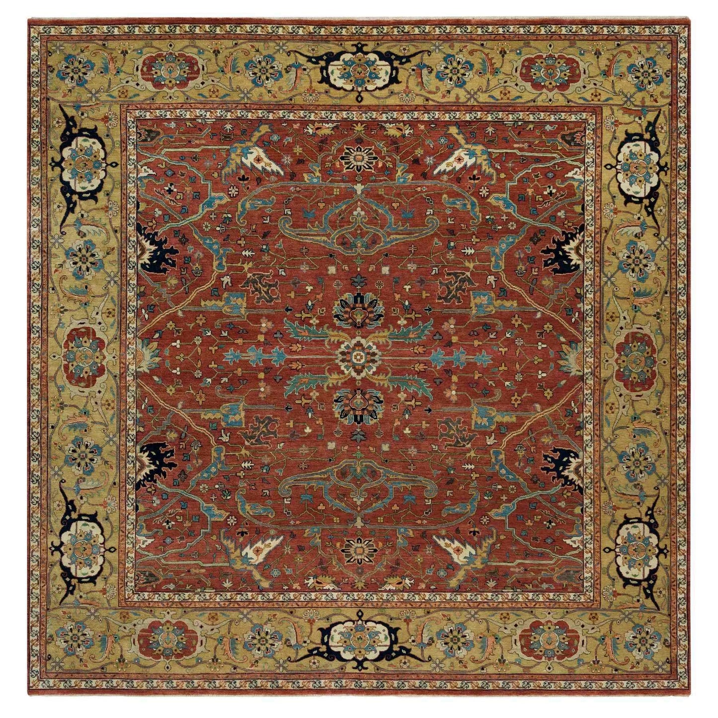 10'X10' Henna Red Antiqued Heris Hand Knotted Wool Square Oriental Rug