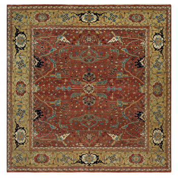 10'X10' Henna Red Antiqued Heris Hand Knotted Wool Square Oriental Rug