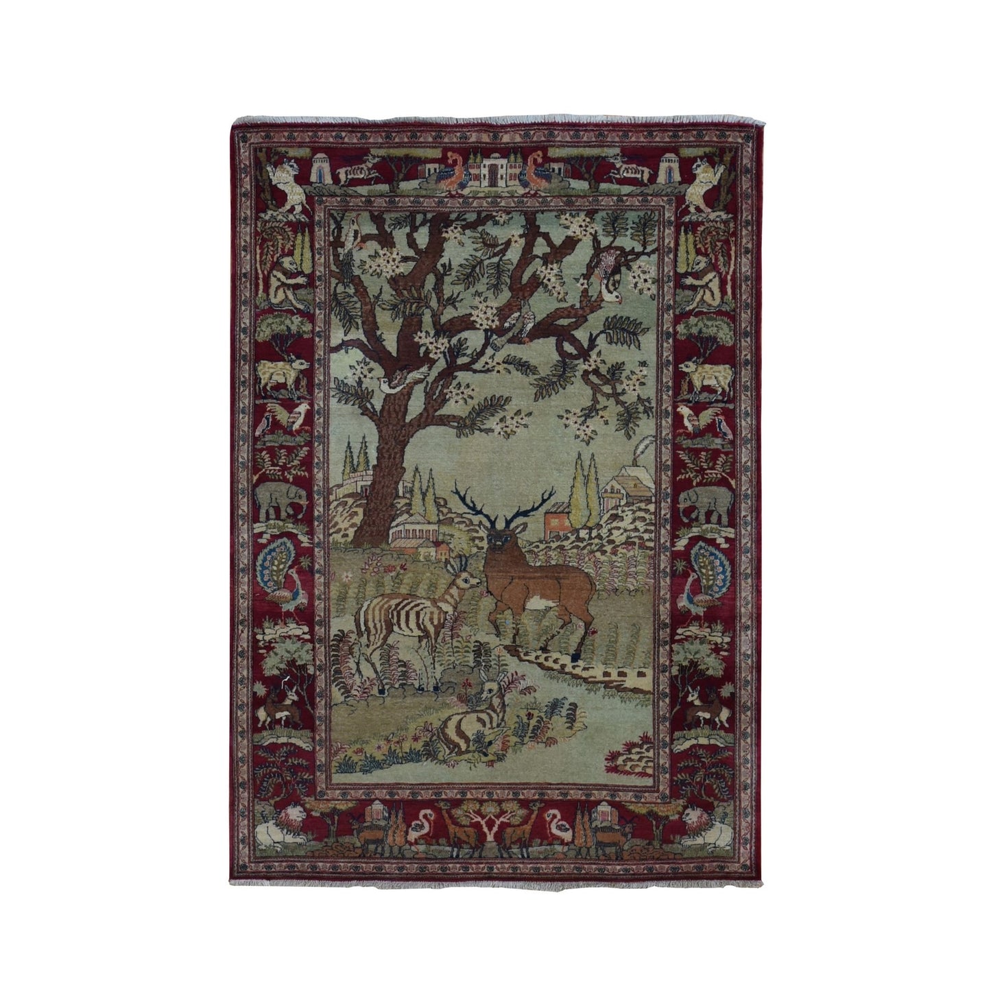 4'7"X6'7" White Antique Kishoon Design Hand Knotted Pure Wool Rug