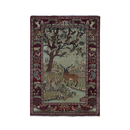 4'7"X6'7" White Antique Kishoon Design Hand Knotted Pure Wool Rug