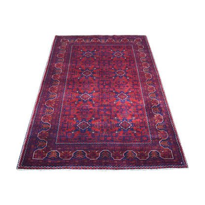 3'10"X5'9" Saturated Red Afghan Khamyab Hand Knotted Natural Wool Rug