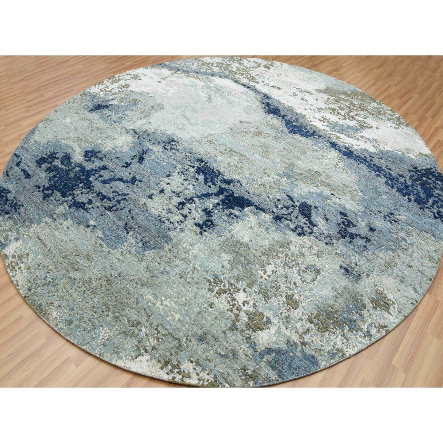 10'4"X10'4" Blue Abstract Design Hand Knotted Round Wool Oriental Rug