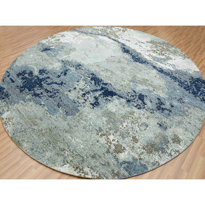 10'4"X10'4" Blue Abstract Design Hand Knotted Round Wool Oriental Rug
