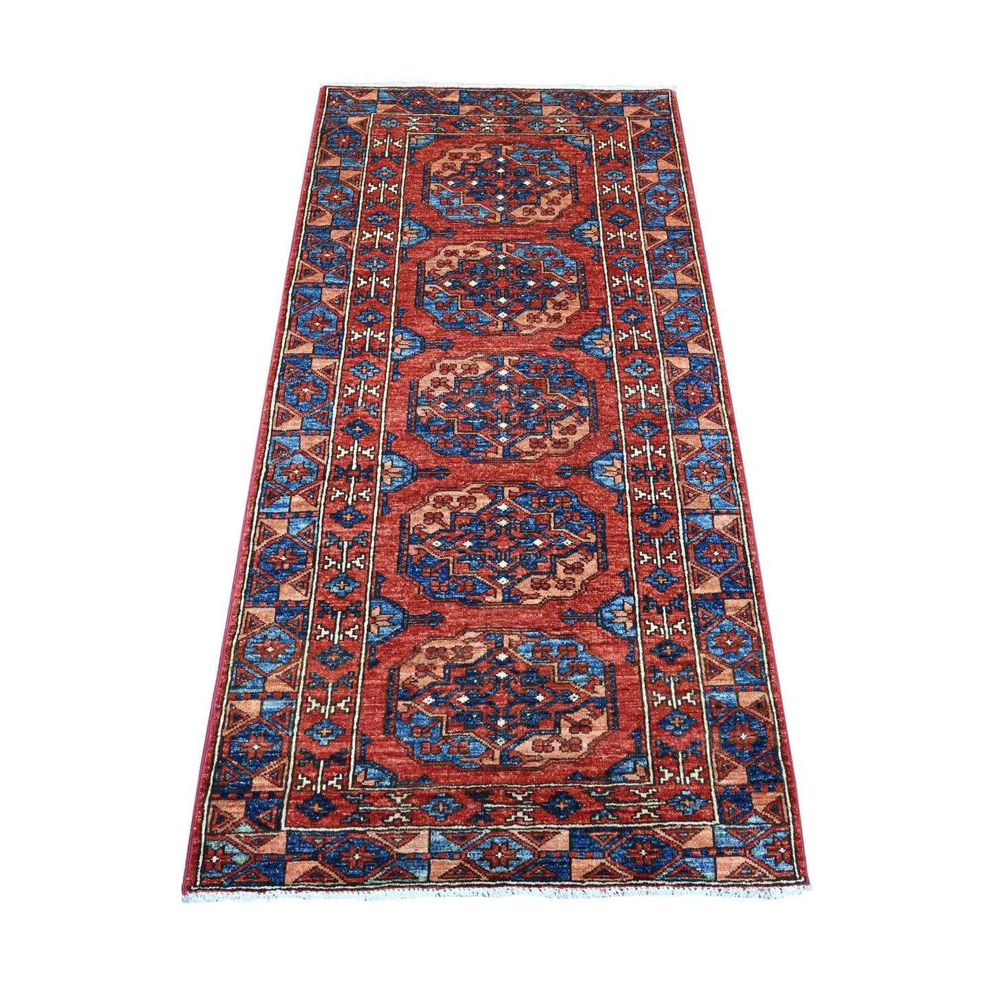 2'10"X5'10" Cereza Red Hand Knotted Ersari Elephant Feet Wool Runner Rug