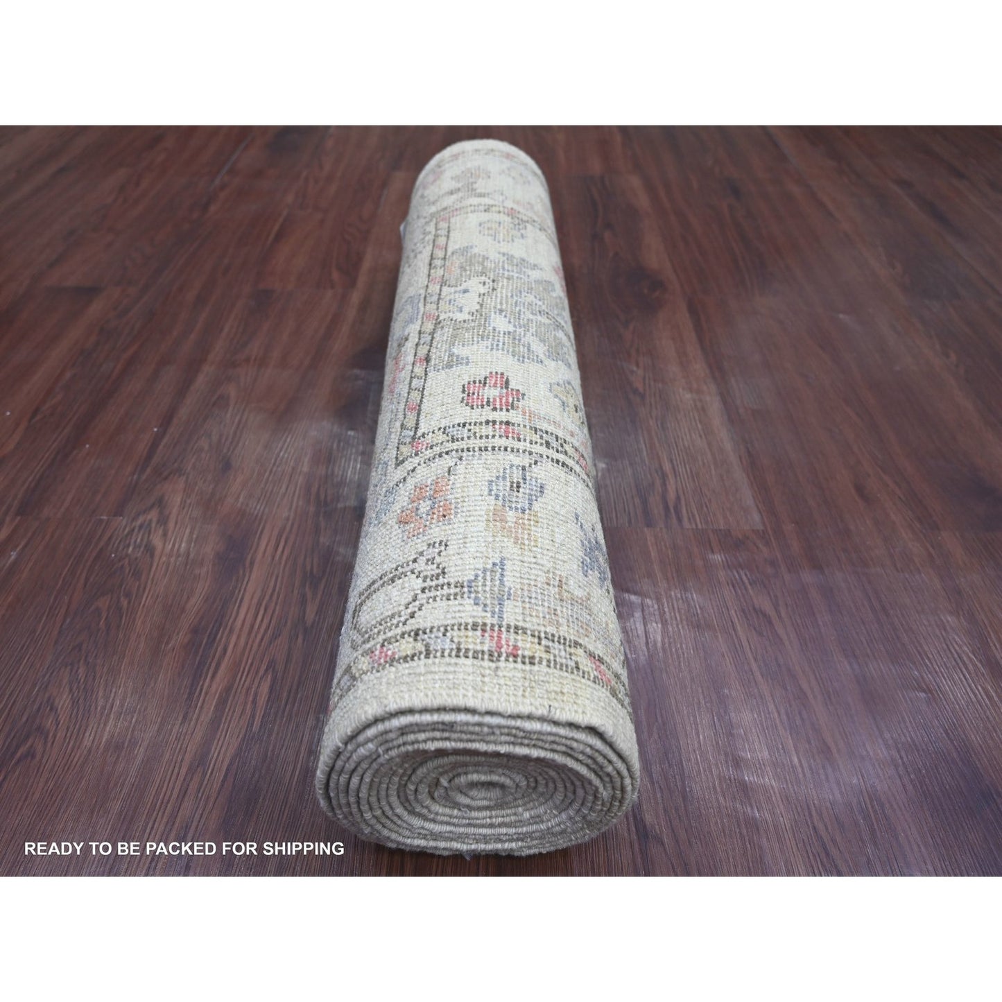 2'8"x15'7" Ivory Angora Oushak Leaf Design Hand Knotted Wool Runner Rug