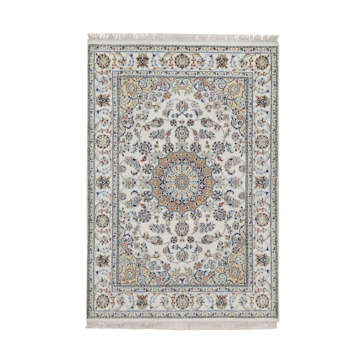 4'8"X6'10" Ivory Nain With Flower Design Hand Knotted Wool And Silk Rug