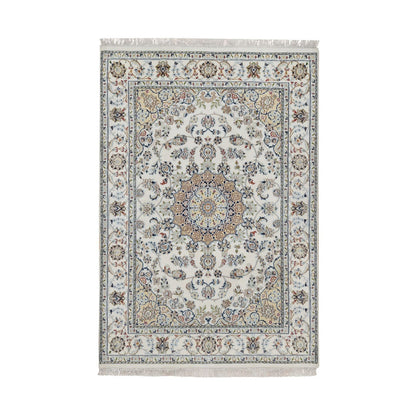4'8"X6'10" Ivory Nain With Flower Design Hand Knotted Wool And Silk Rug