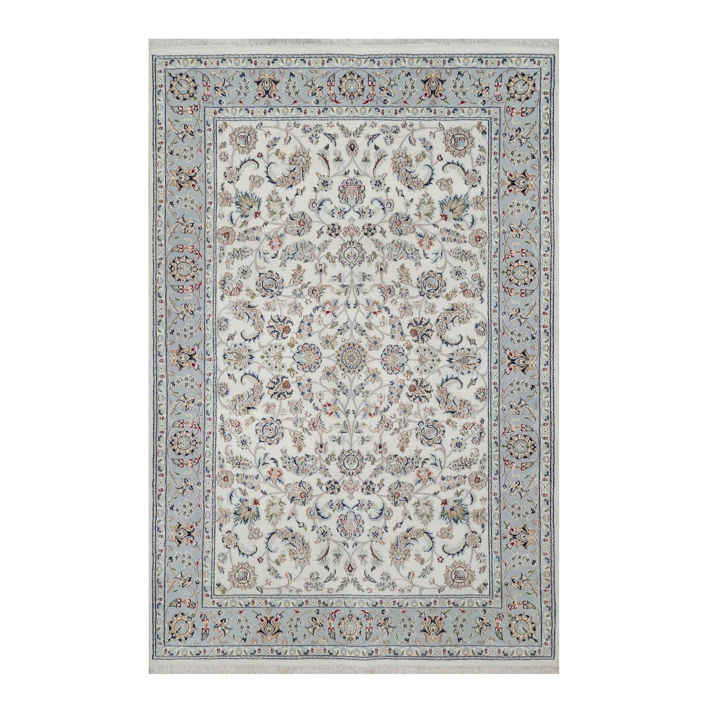 6'X9' Spring White Hand Knotted Nain With Flower Design Wool And Silk Rug