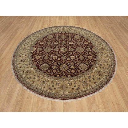 8'1"X8'1" Wine Red Hereke Design Wool And Silk Hand Knotted Round Rug