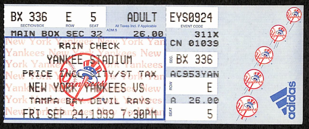 1999 Ticket Stub Yankees Vs. Rays Ny Clinch'S Al East Soriano 1St Career Hit