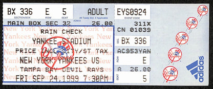 1999 Ticket Stub Yankees Vs. Rays Ny Clinch'S Al East Soriano 1St Career Hit