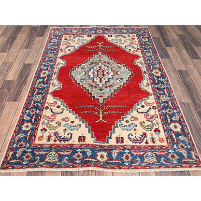3'10"X5'8" Ivory Hand Knotted Kazak Densely Woven Wool Oriental Rug