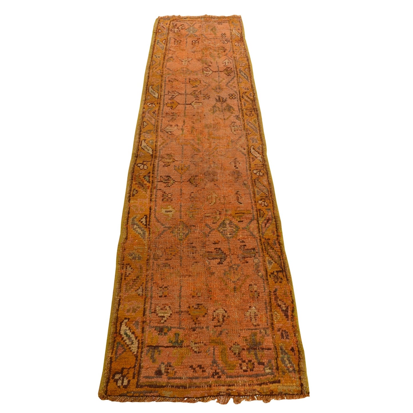 2'1"X8'3" Orange Antique Turkish Oushak Pure Wool Hand Knotted Runner Rug