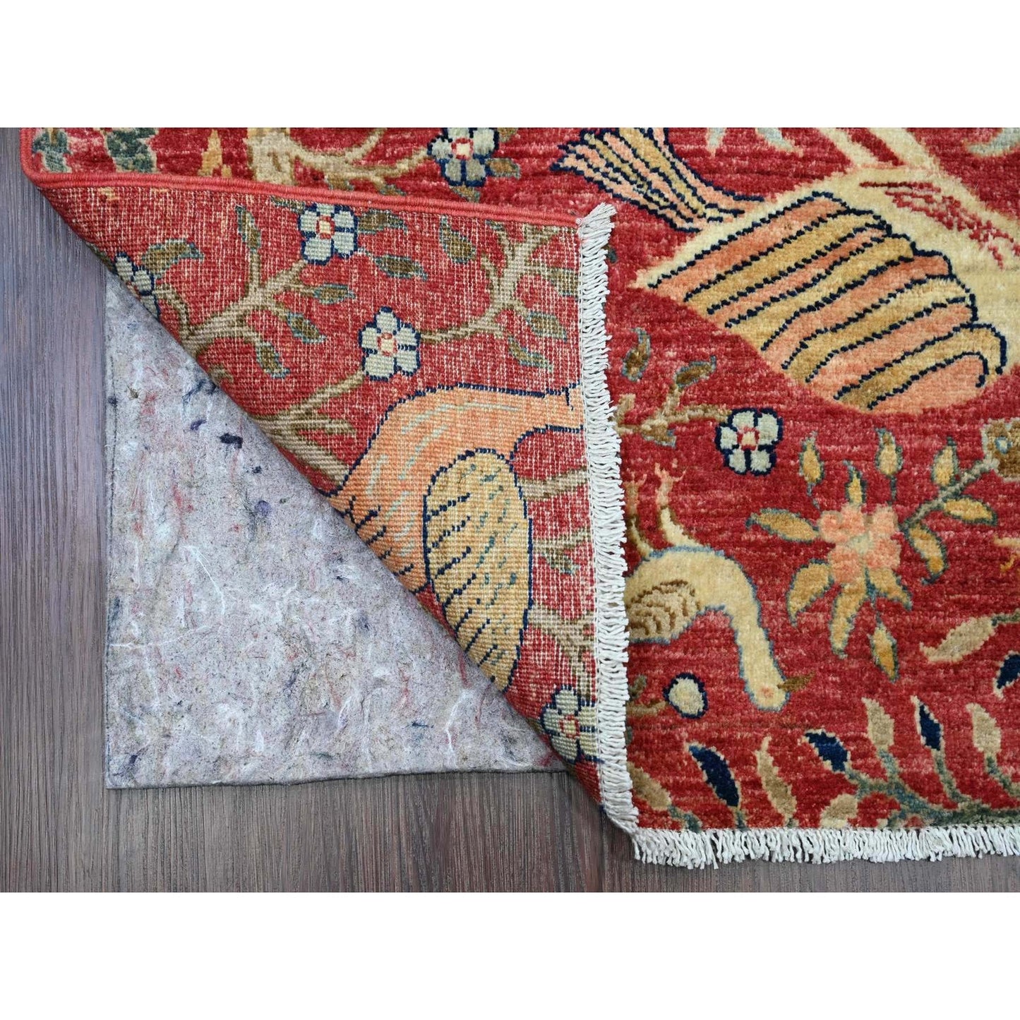 3'10"X16'2" Red Peshawar Birds Design Hand Knotted Pure Wool Runner Rug