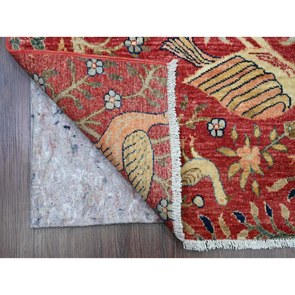 3'10"X16'2" Red Peshawar Birds Design Hand Knotted Pure Wool Runner Rug