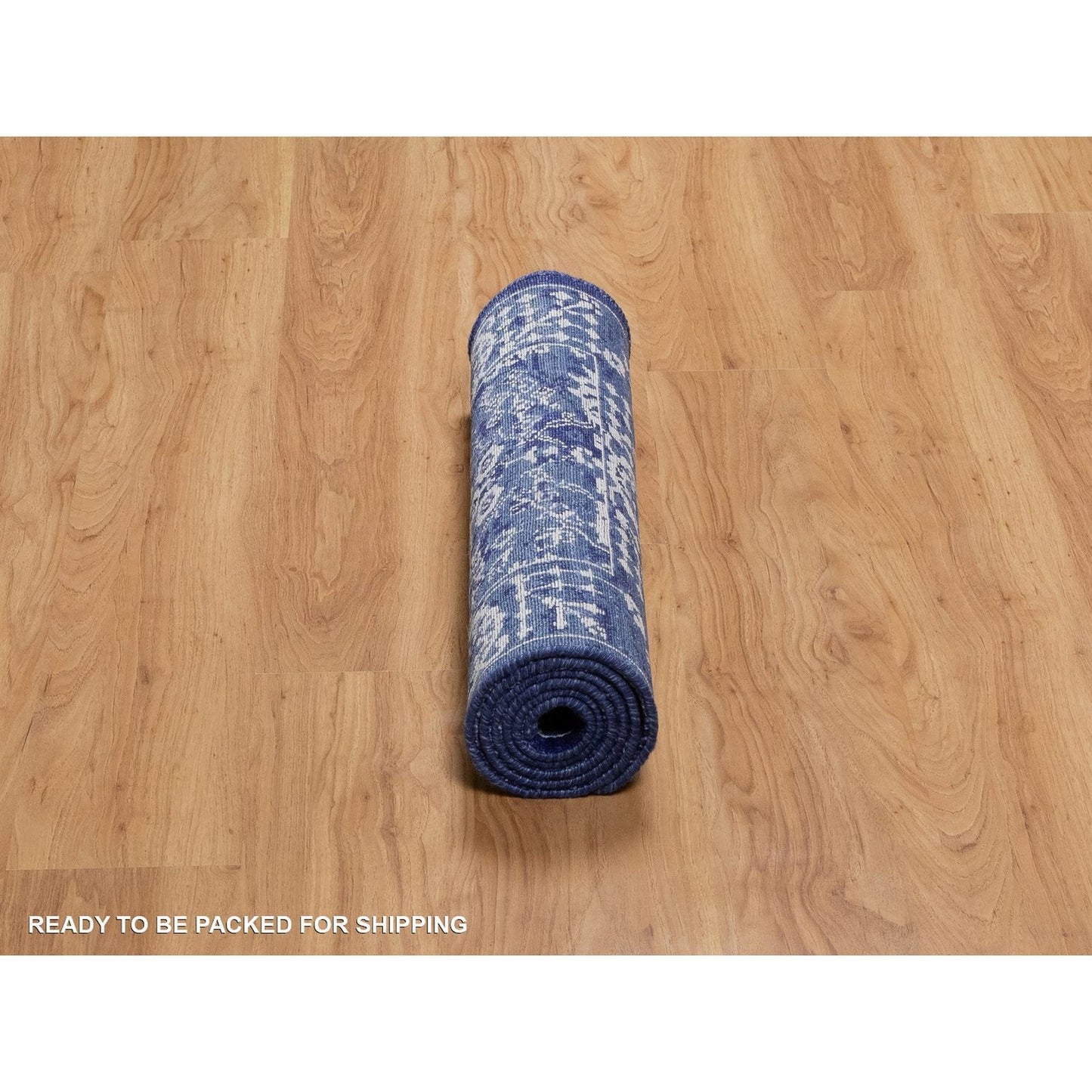 2'6"X6' Ensign Blue Wool And Silk Rug Tebraz With Leaf Design Hand Knotted