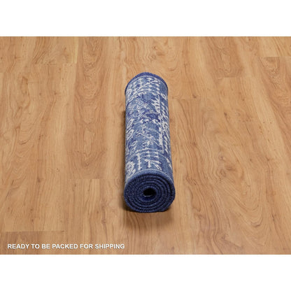 2'6"X6' Ensign Blue Wool And Silk Rug Tebraz With Leaf Design Hand Knotted